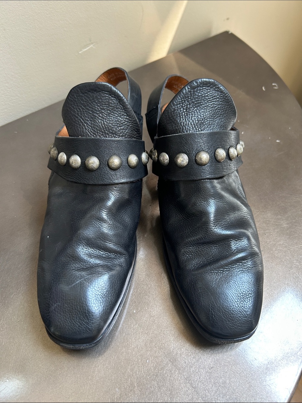 A.S.98 Black Leather Studded Slingback Mules